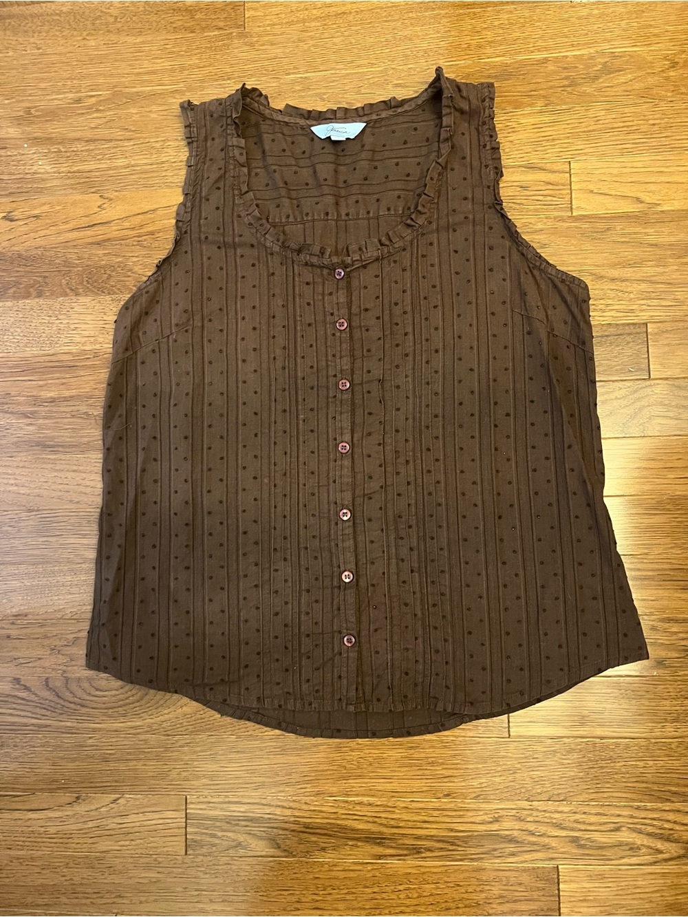 Jessica Brown Swiss Dot Ruffle-Trim Sleeveless Button Front Top